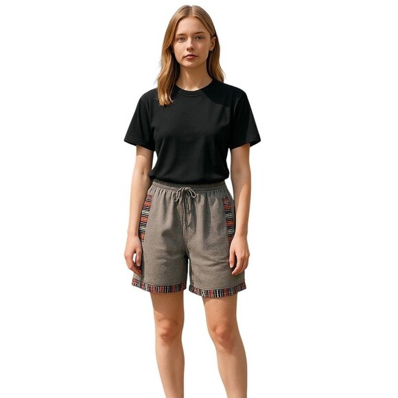 Nepal Womens Cotton Shorts Boho Festival Ethnic Trim Gray Summer Handmade L - Picture 4 of 10